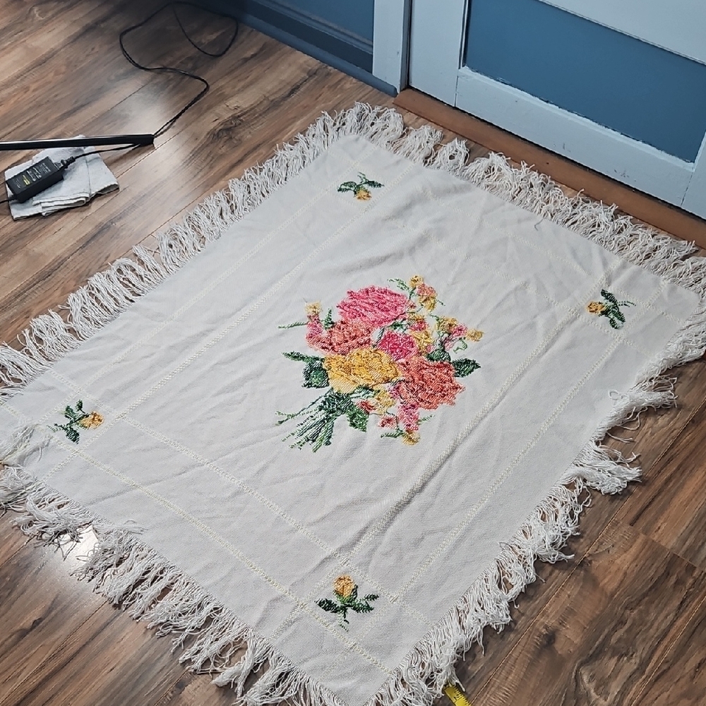 Vintage Handmade Cross-stitched Floral Table Runner Table Topper - Picture 6 of 8
